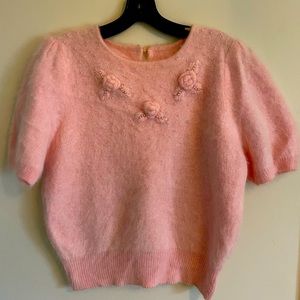 Pink Rosette Embellished Vintage Super Soft Short-sleeved Sweater Barbie Grandma